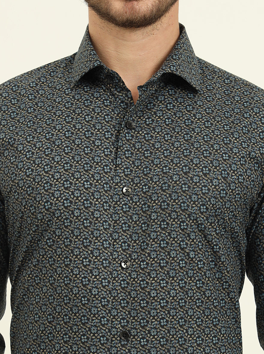 Navy Blue Printed Slim Fit Formal Shirt | Metal