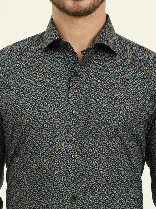 Navy Blue Printed Slim Fit Formal Shirt | Metal