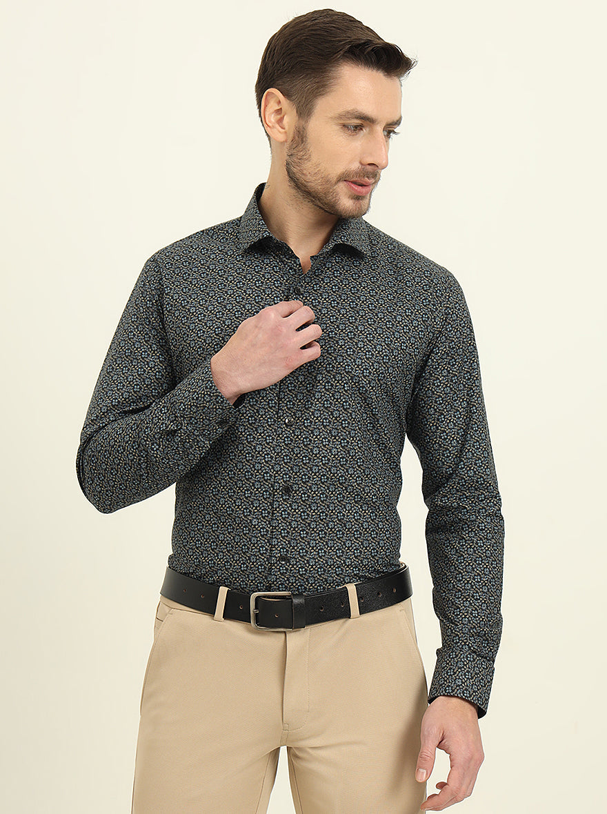 Navy Blue Printed Slim Fit Formal Shirt | Metal