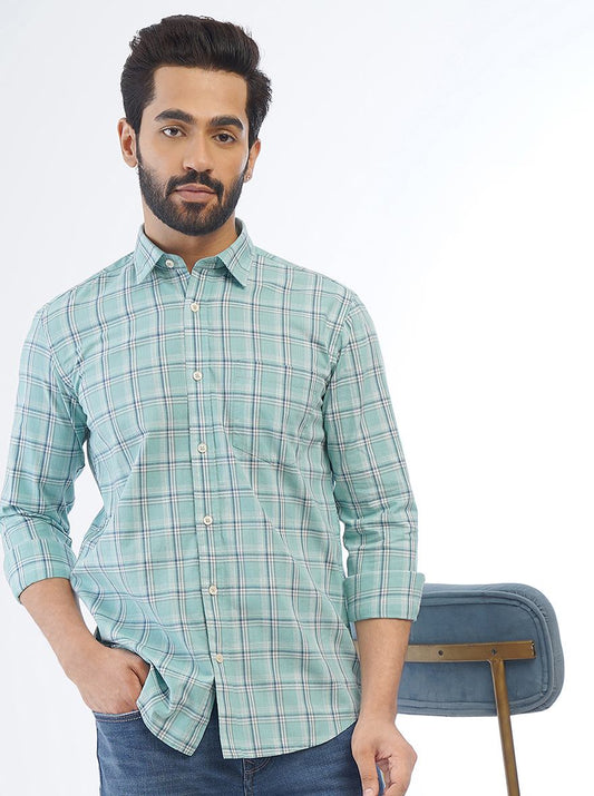 Green Checked Smart Fit Semi Casual Shirt | Greenfibre