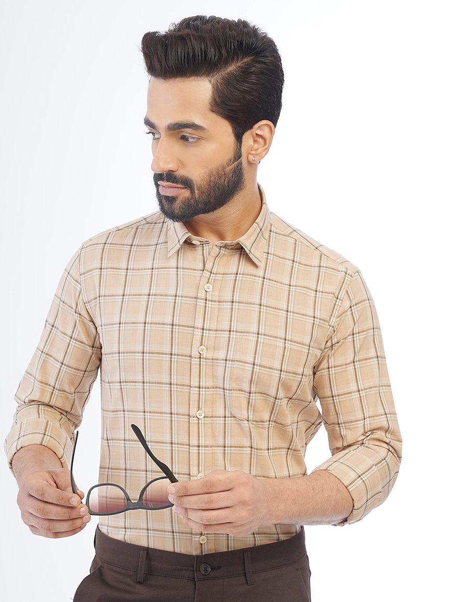 Beige Checked Smart Fit Semi Casual Shirt | Greenfibre