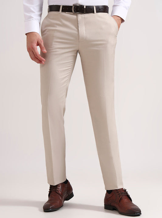 Cream Solid Slim Fit Formal Trouser | Greenfibre