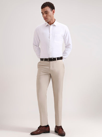 Cream Solid Slim Fit Formal Trouser | Greenfibre