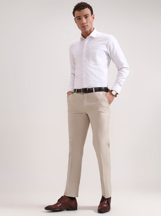 Cream Solid Slim Fit Formal Trouser | Greenfibre