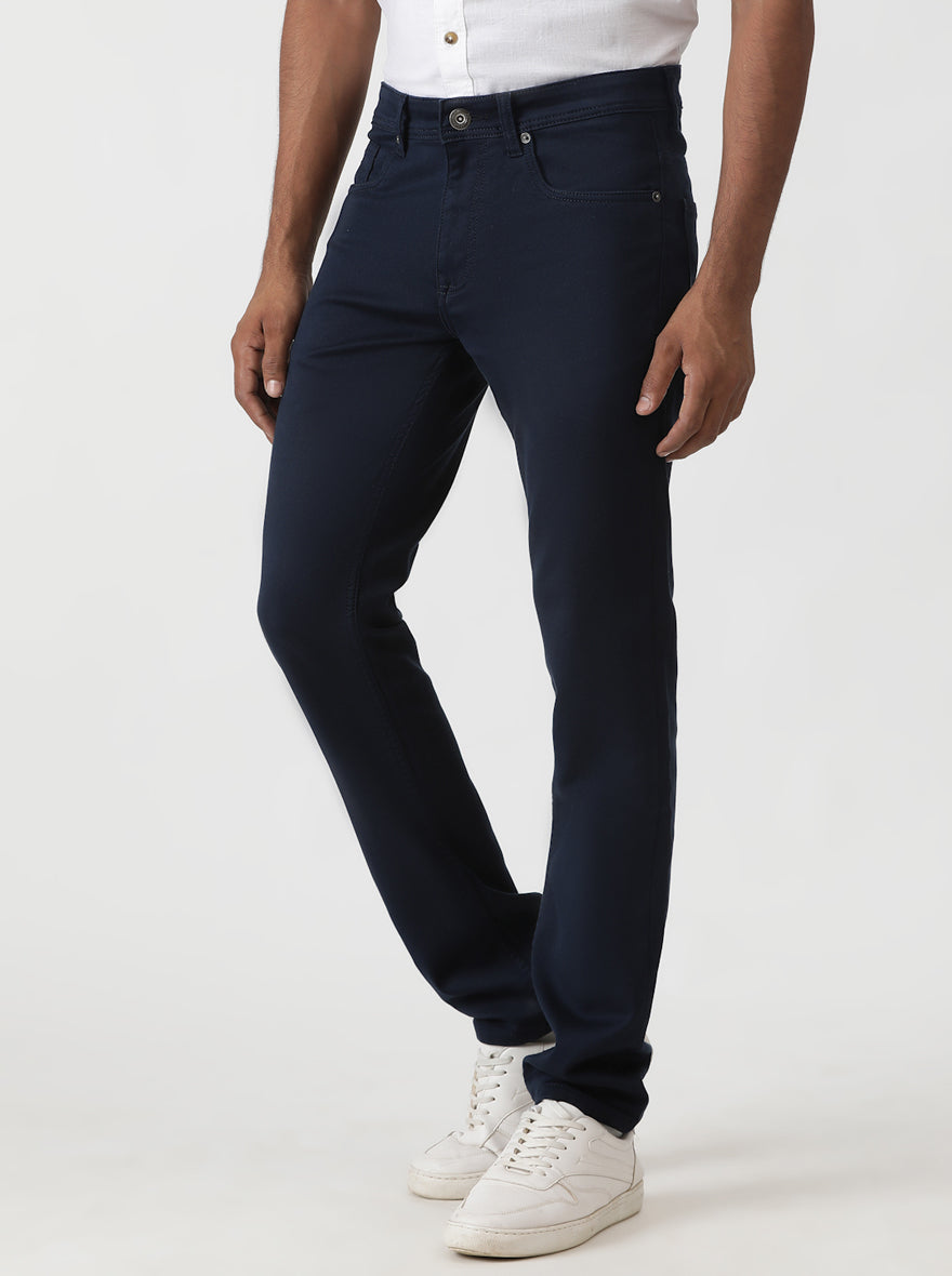 Navy Blue Dobby Slim Fit Jeans | Greenfibre