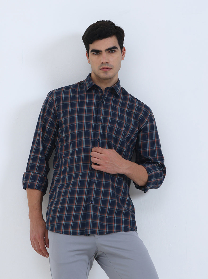 Navy Blue Checked Smart Fit Semi Casual Shirt | Greenfibre