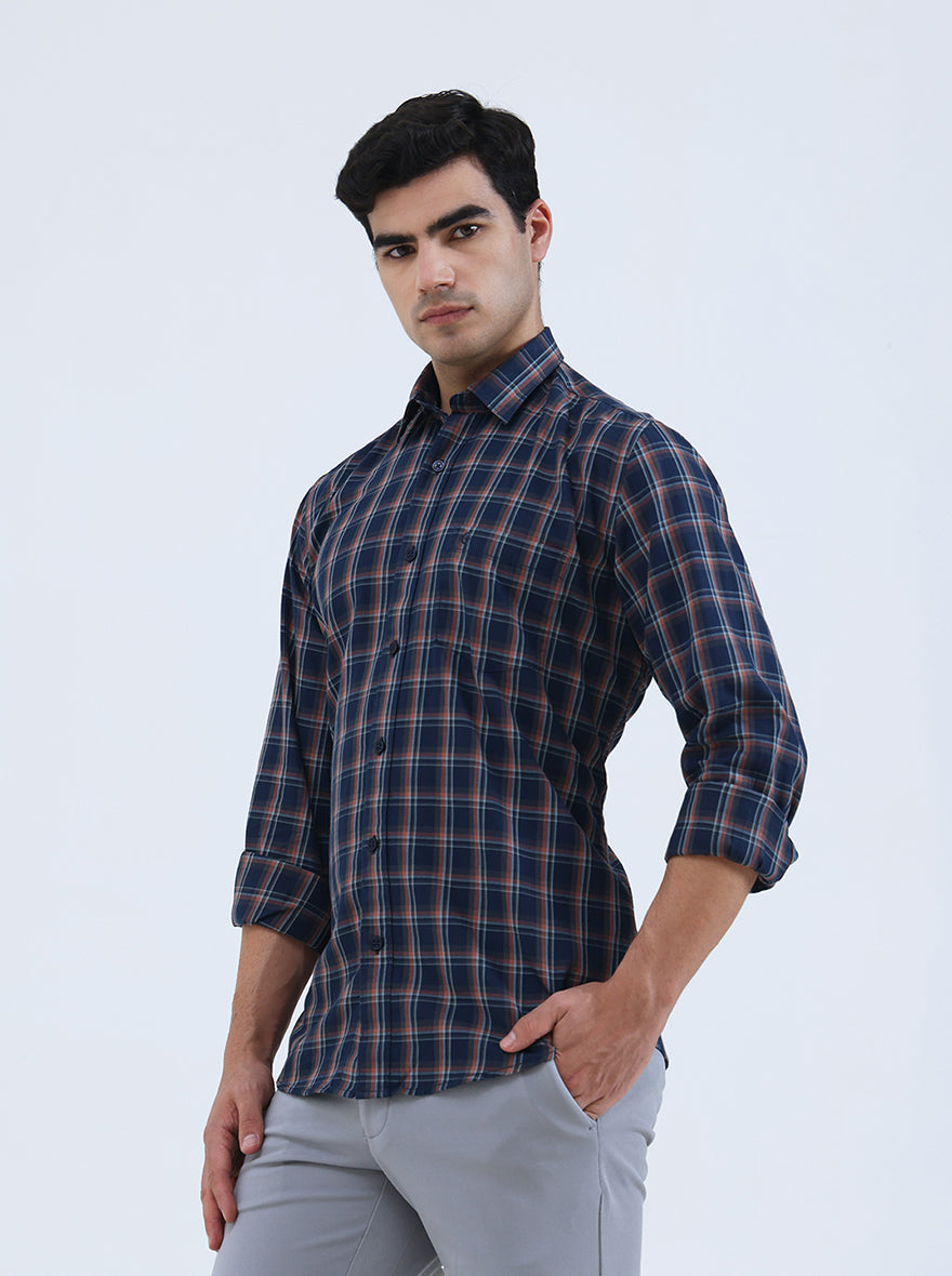 Navy Blue Checked Smart Fit Semi Casual Shirt | Greenfibre