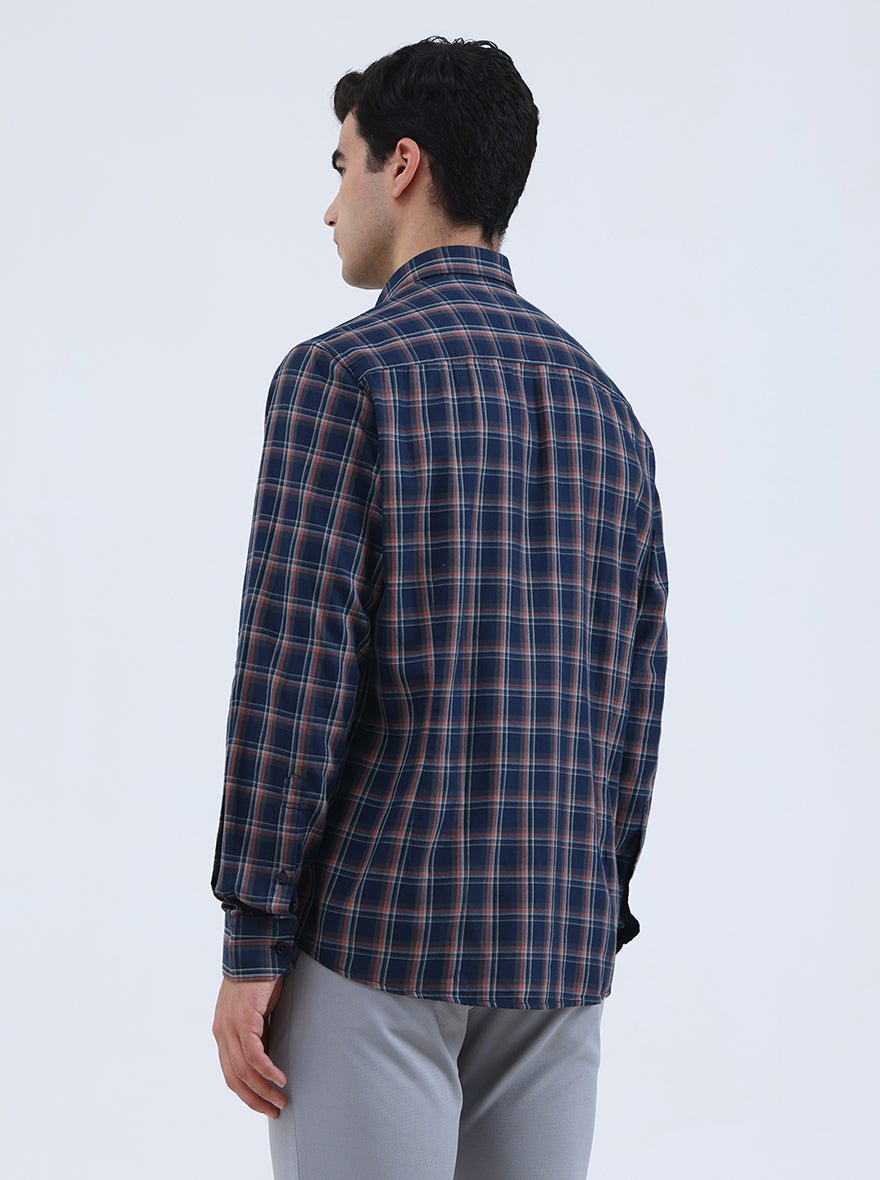 Navy Blue Checked Smart Fit Semi Casual Shirt | Greenfibre