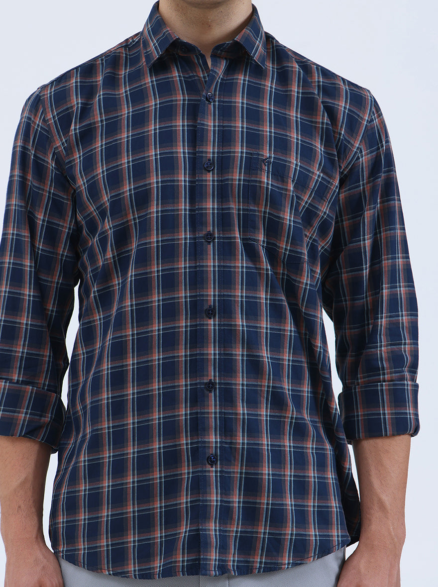 Navy Blue Checked Smart Fit Semi Casual Shirt | Greenfibre