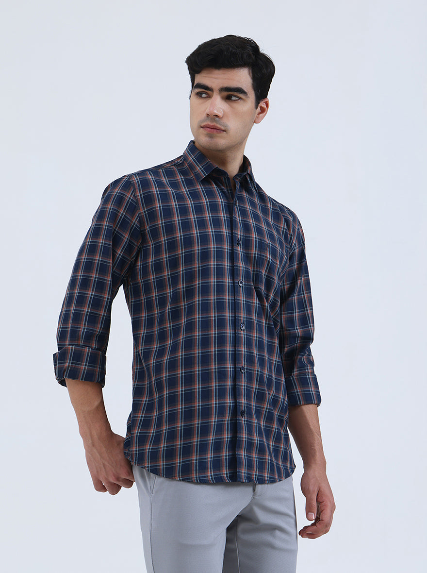 Navy Blue Checked Smart Fit Semi Casual Shirt | Greenfibre