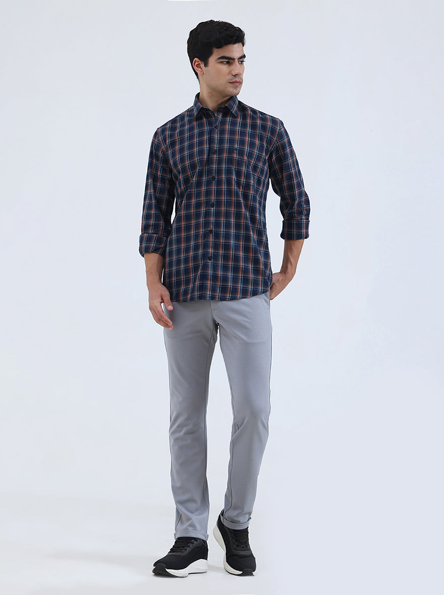 Navy Blue Checked Smart Fit Semi Casual Shirt | Greenfibre