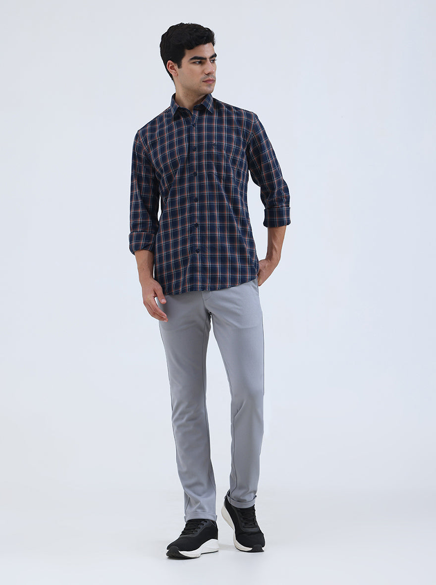 Navy Blue Checked Smart Fit Semi Casual Shirt | Greenfibre