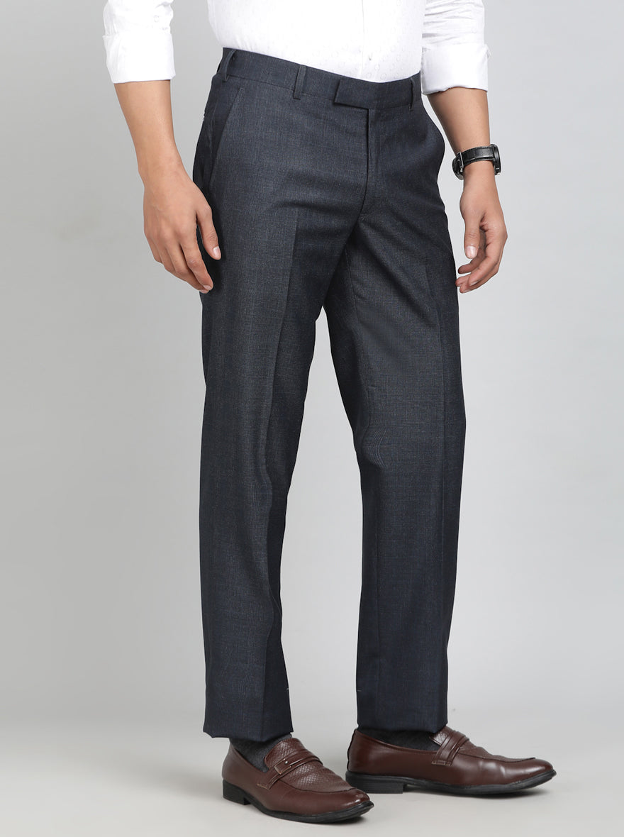 Blue Checked Slim Fit Formal Trouser | Greenfibre