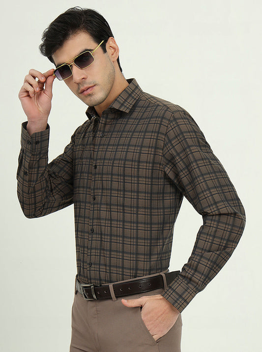 Brown Checked Slim Fit Formal Shirt | Greenfire