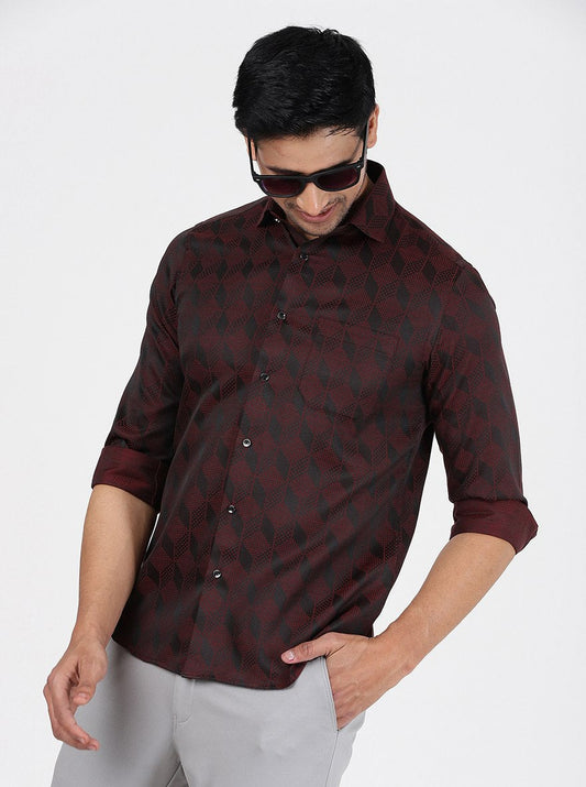 Maroon Printed Slim Fit Party Wear Shirt | Greenfibre