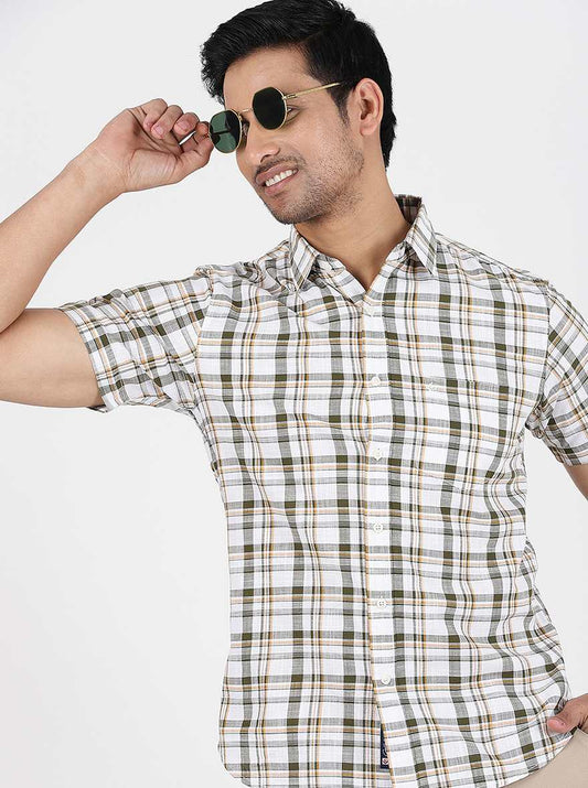 Green Checked Slim Fit Casual Shirt | Greenfibre