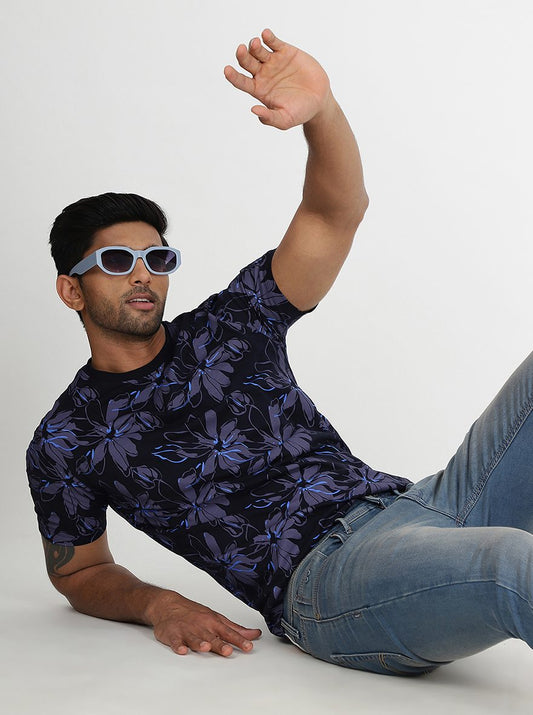 Navy Blue Printed Slim Fit T-Shirt | Greenfibre