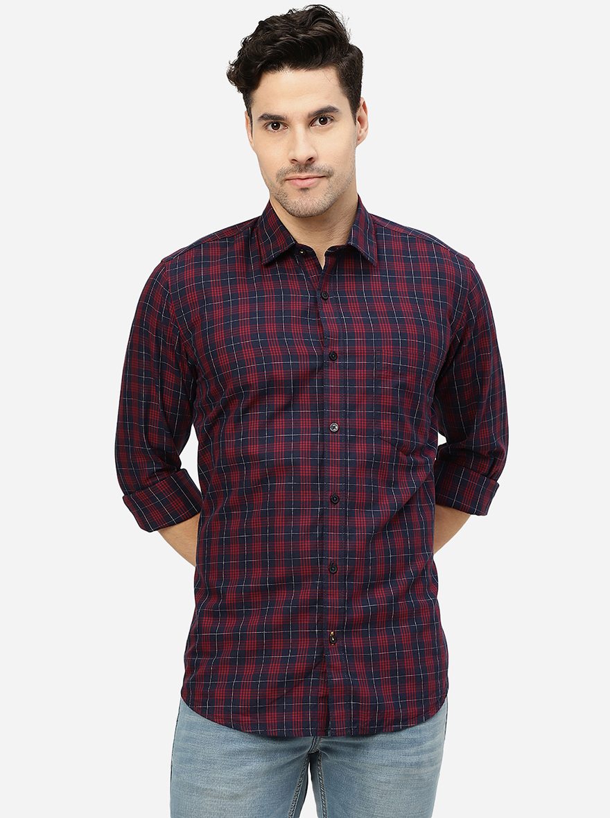 Blue & Red Checked Smart Fit Semi Casual Shirt | Greenfibre