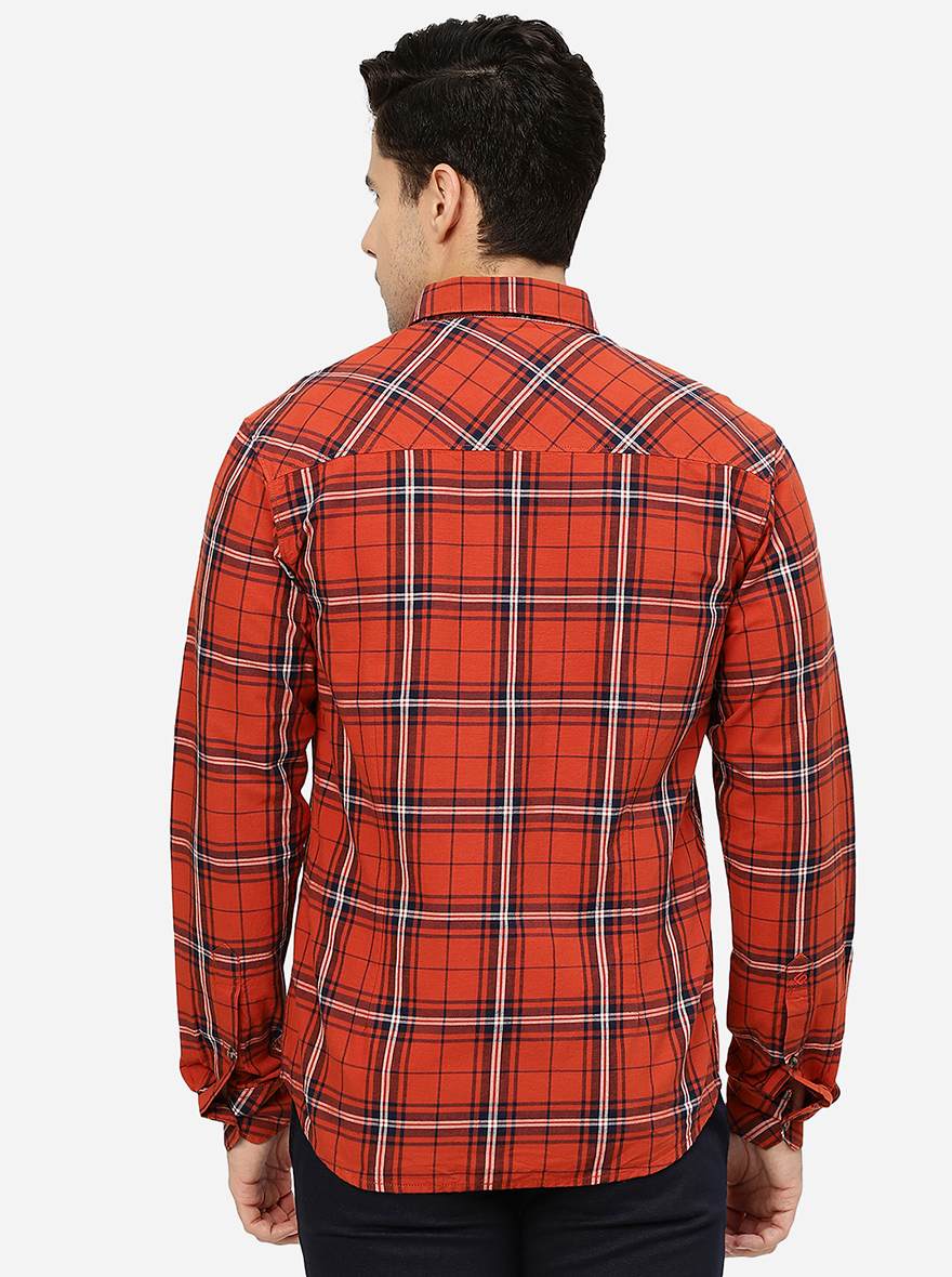 Orange Checked Slim Fit Casual Shirt | Greenfibre