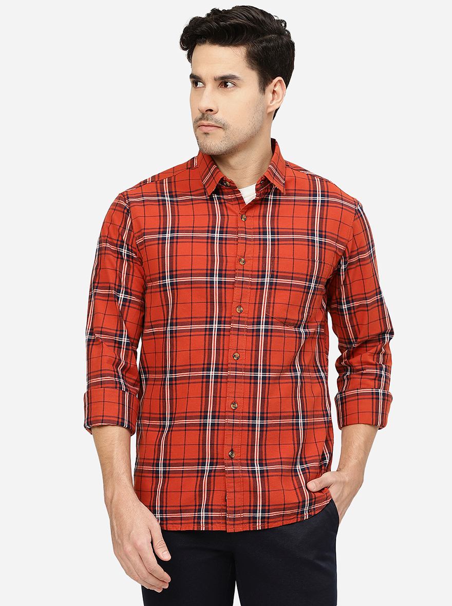 Orange Checked Slim Fit Casual Shirt | Greenfibre