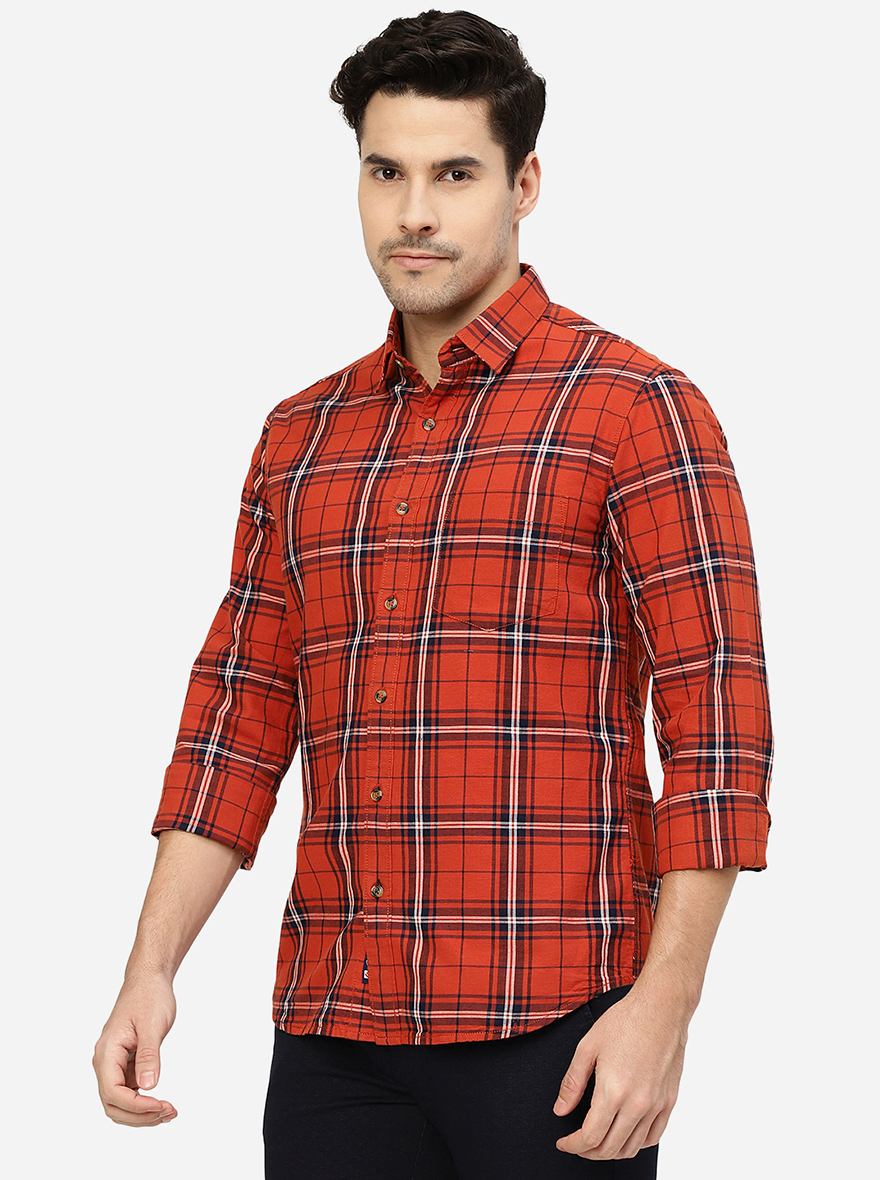 Orange Checked Slim Fit Casual Shirt | Greenfibre