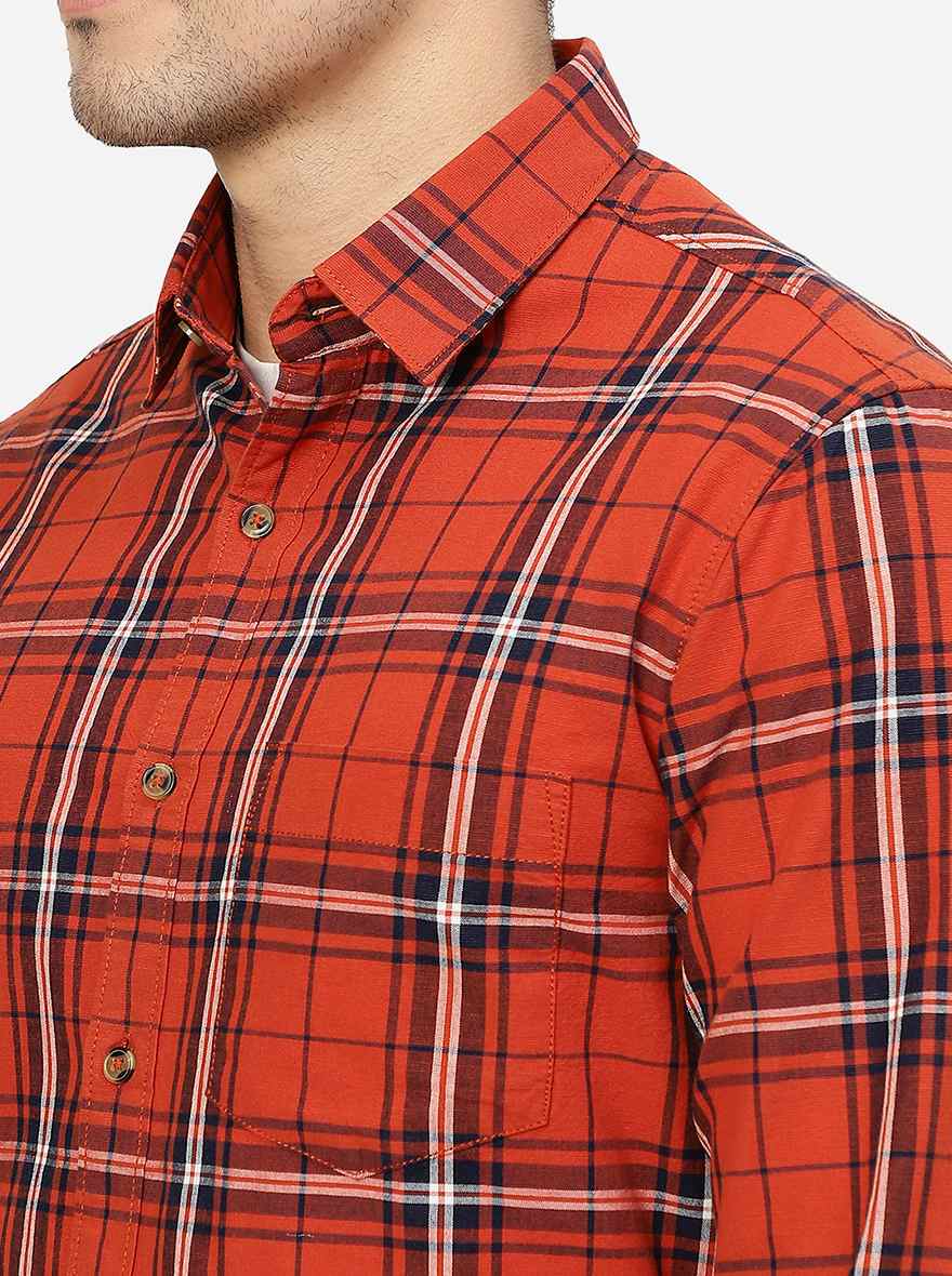 Orange Checked Slim Fit Casual Shirt | Greenfibre