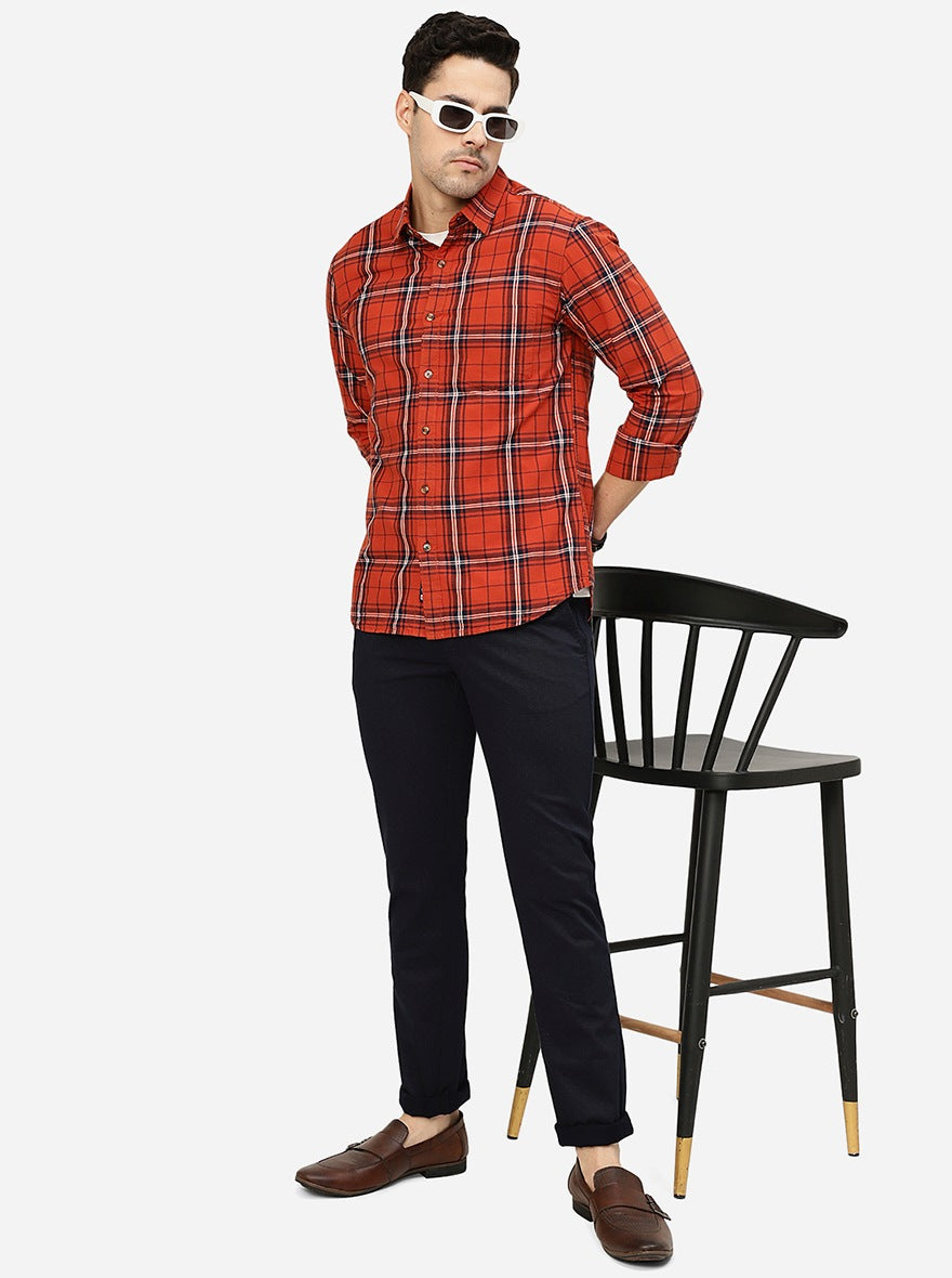 Orange Checked Slim Fit Casual Shirt | Greenfibre