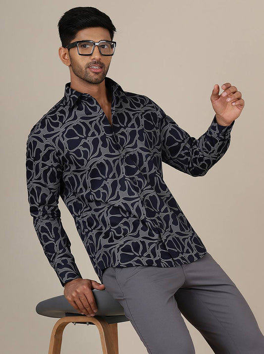 Navy Blue Printed Slim Fit Party Wear Shirt | Greenfibre