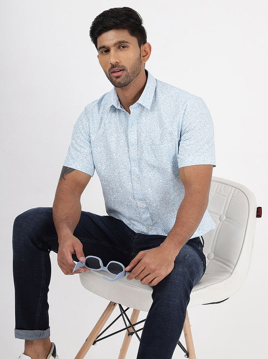 Light Blue Printed Smart Fit Semi Casual Shirt | Greenfibre