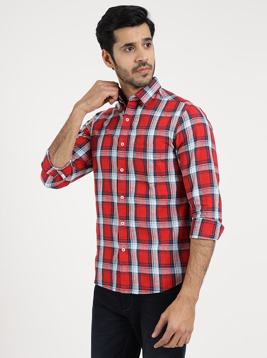 Red Checked Slim Fit Casual Shirt | Greenfibre