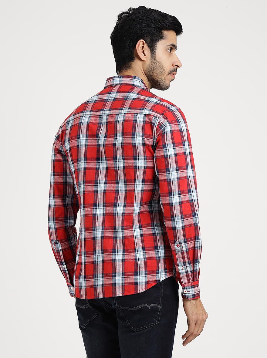 Red Checked Slim Fit Casual Shirt | Greenfibre