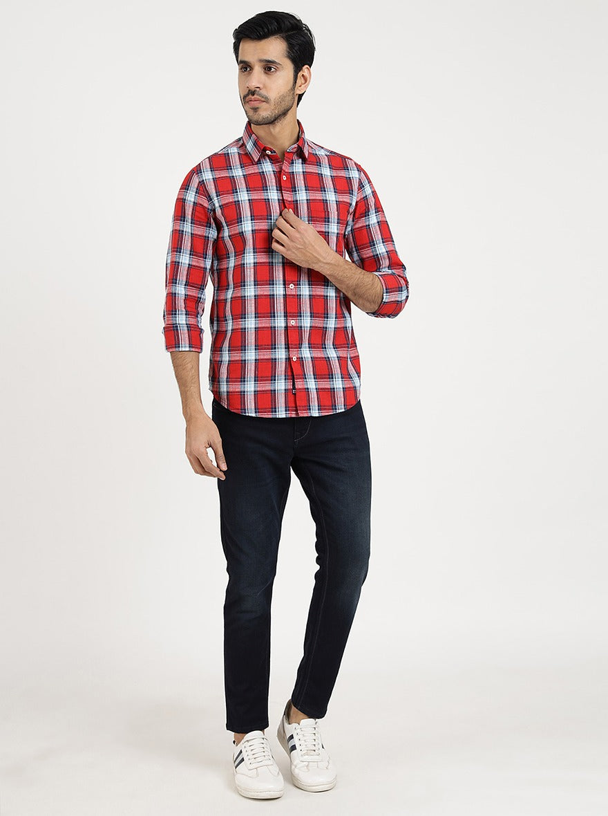 Red Checked Slim Fit Casual Shirt | Greenfibre