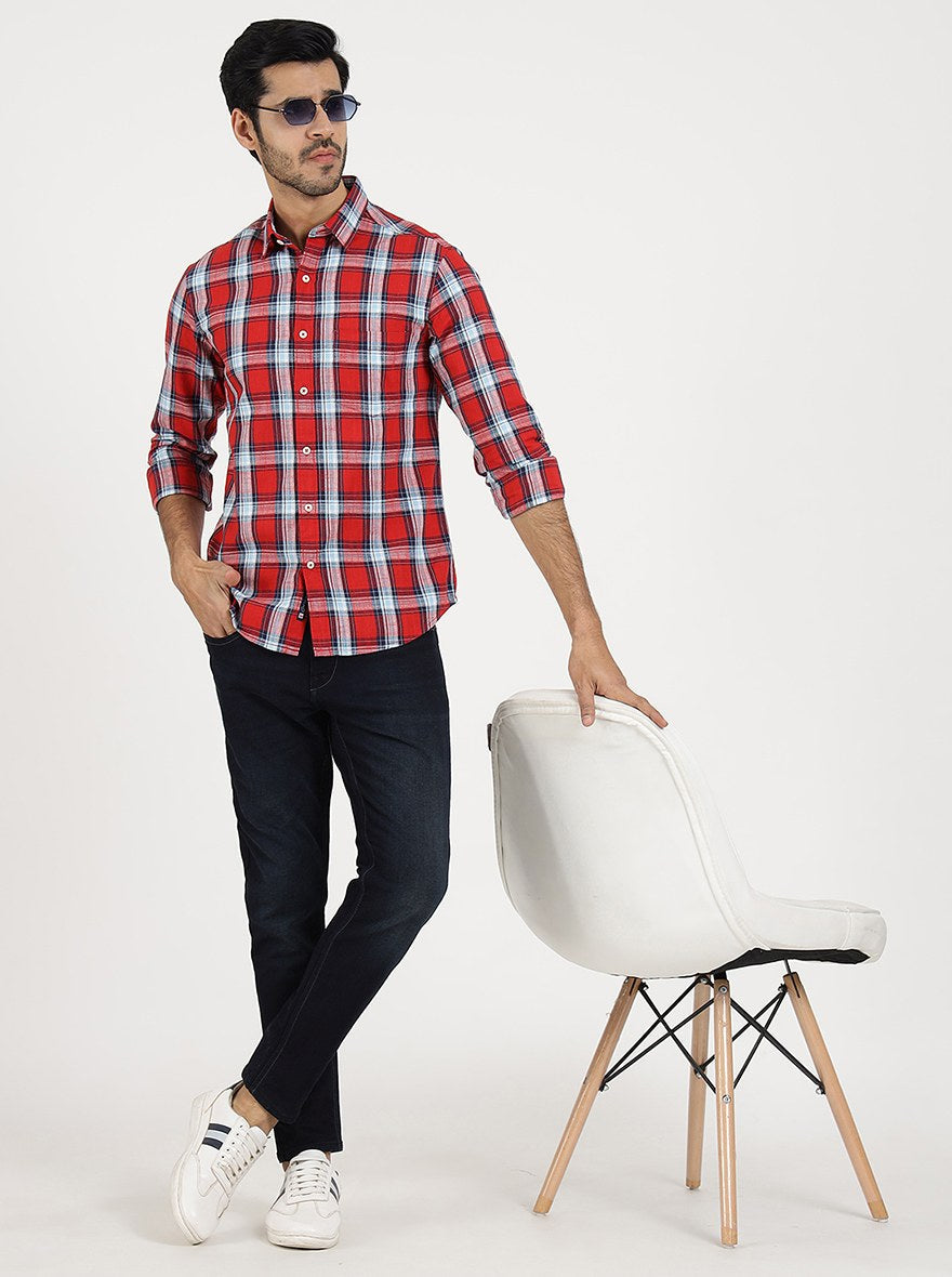 Red Checked Slim Fit Casual Shirt | Greenfibre