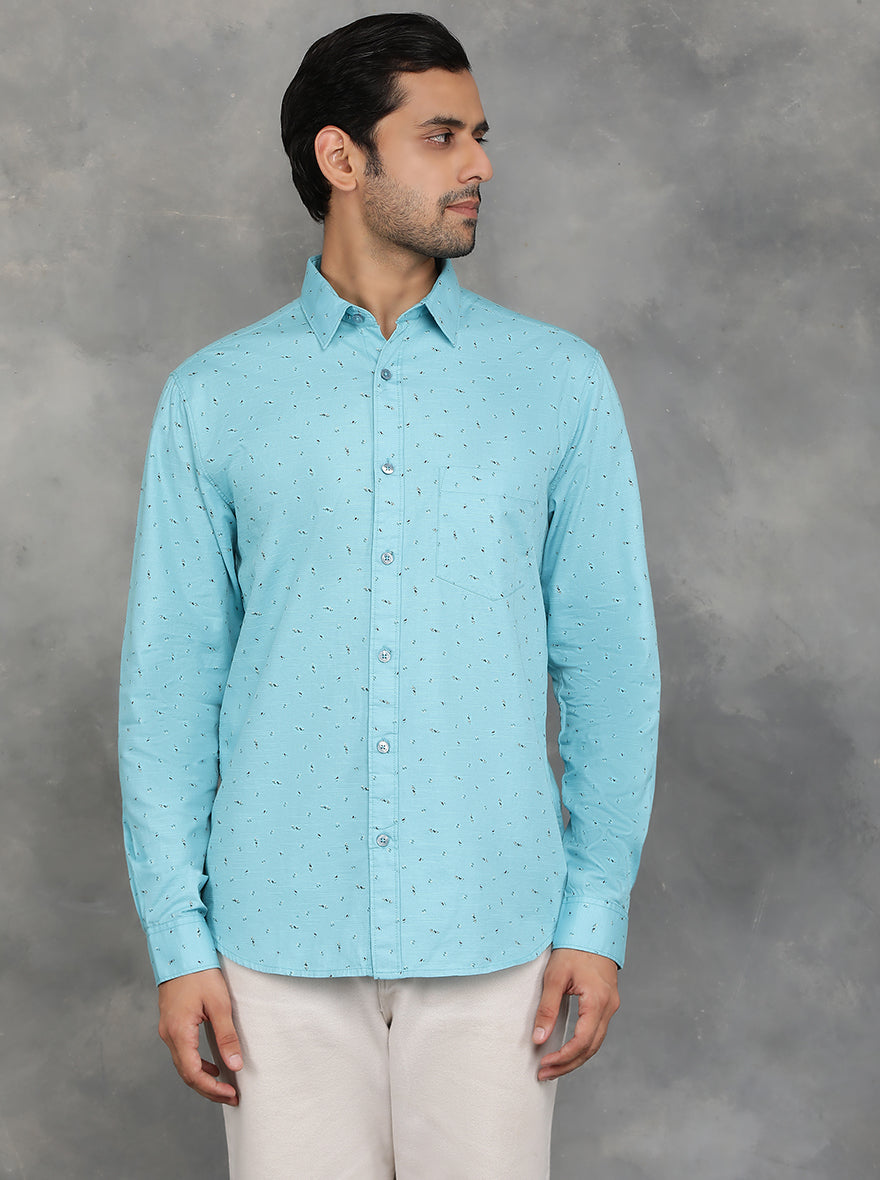 Light Blue Printed Slim Fit Casual Shirt | GreenFibre