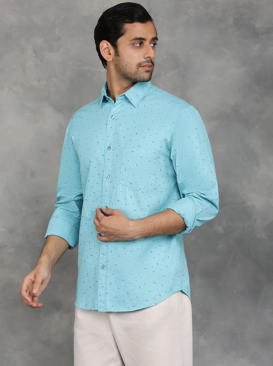 Light Blue Printed Slim Fit Casual Shirt | GreenFibre