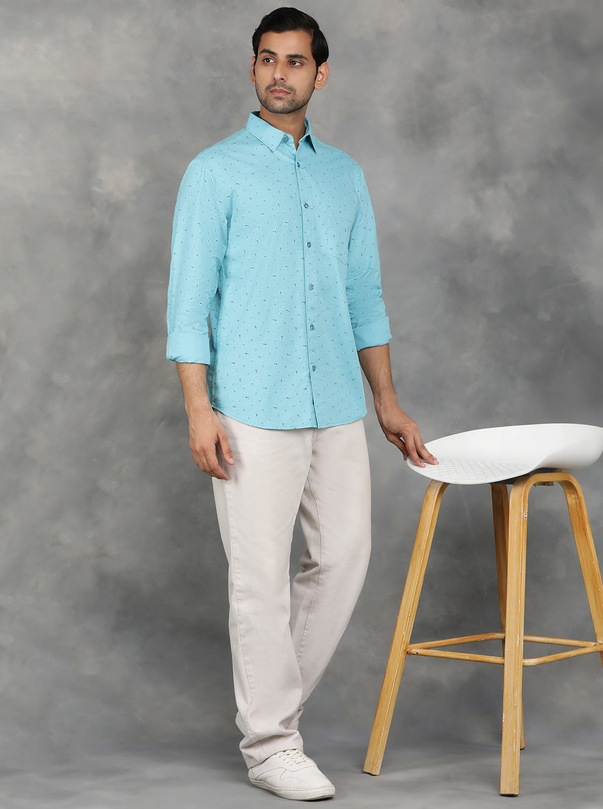 Light Blue Printed Slim Fit Casual Shirt | GreenFibre