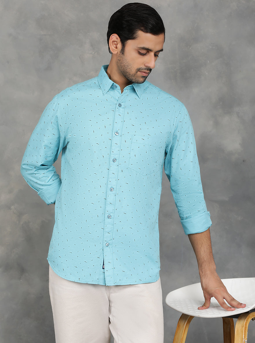 Light Blue Printed Slim Fit Casual Shirt | GreenFibre