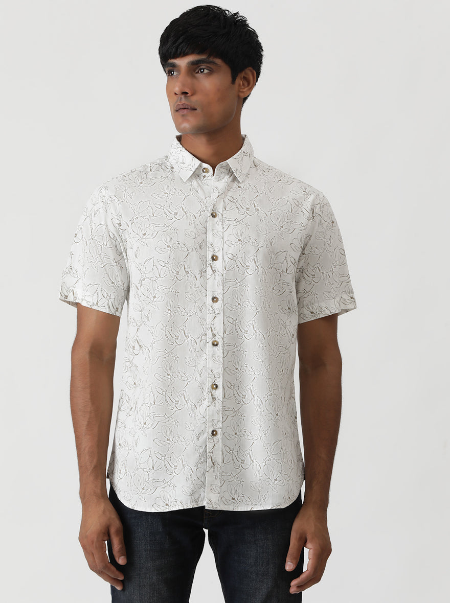 White Printed Slim Fit Casual Shirt | Greenfibre