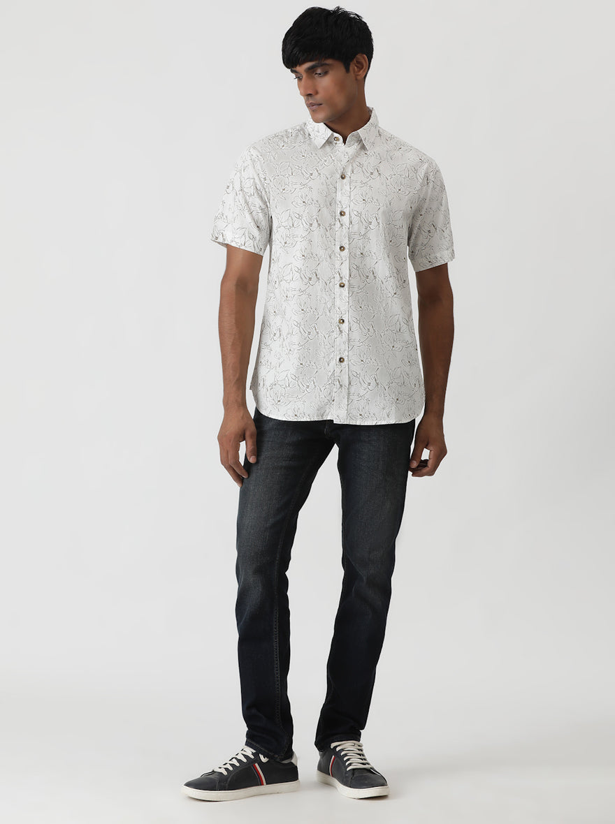 White Printed Slim Fit Casual Shirt | Greenfibre