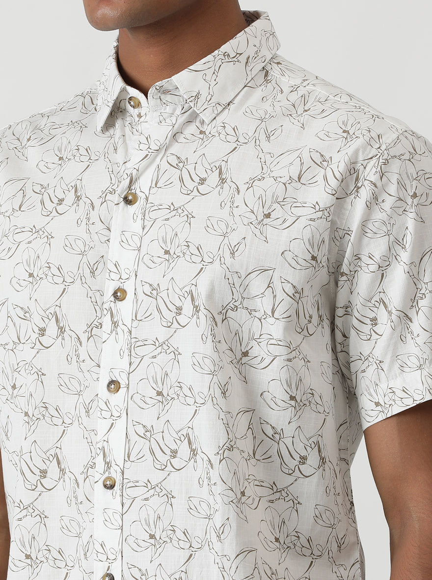 White Printed Slim Fit Casual Shirt | Greenfibre