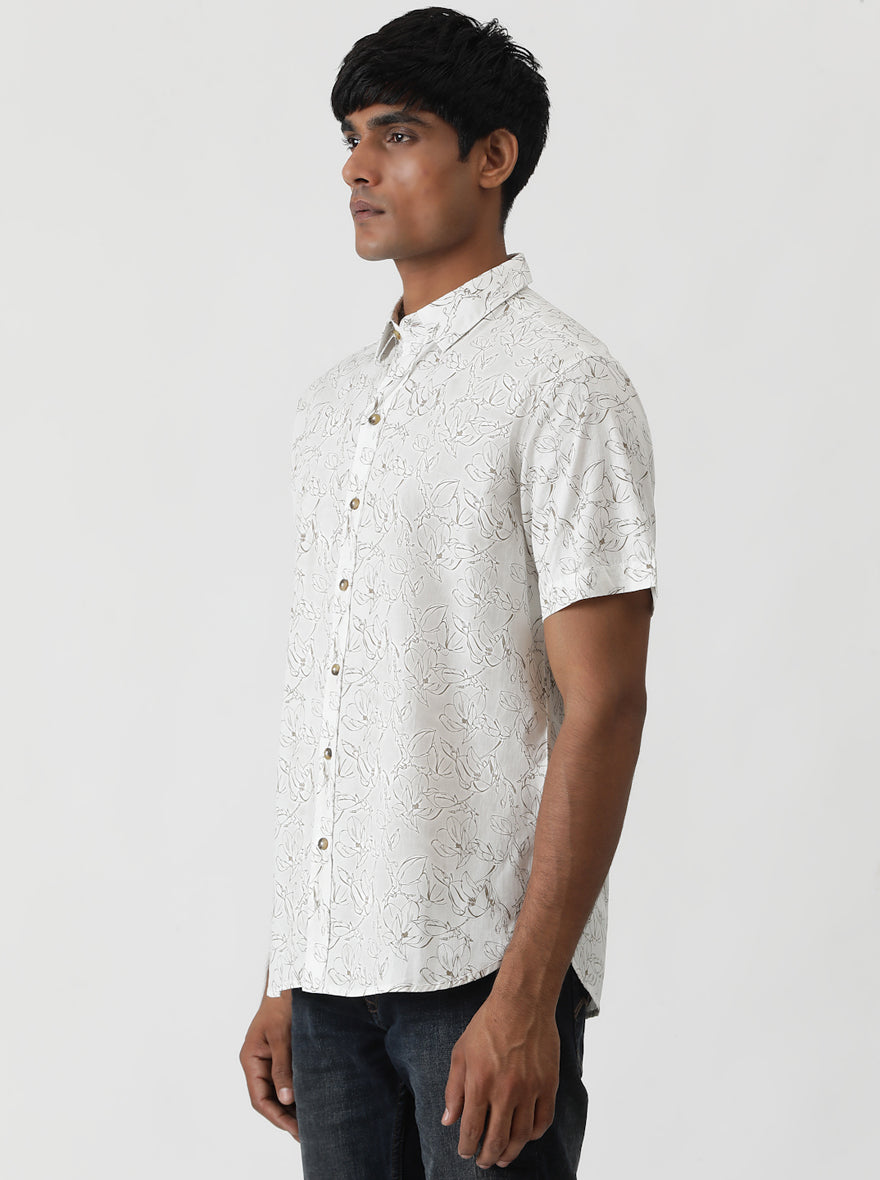 White Printed Slim Fit Casual Shirt | Greenfibre