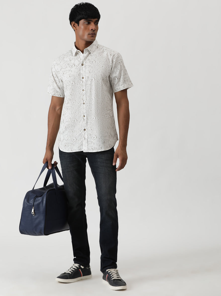 White Printed Slim Fit Casual Shirt | Greenfibre