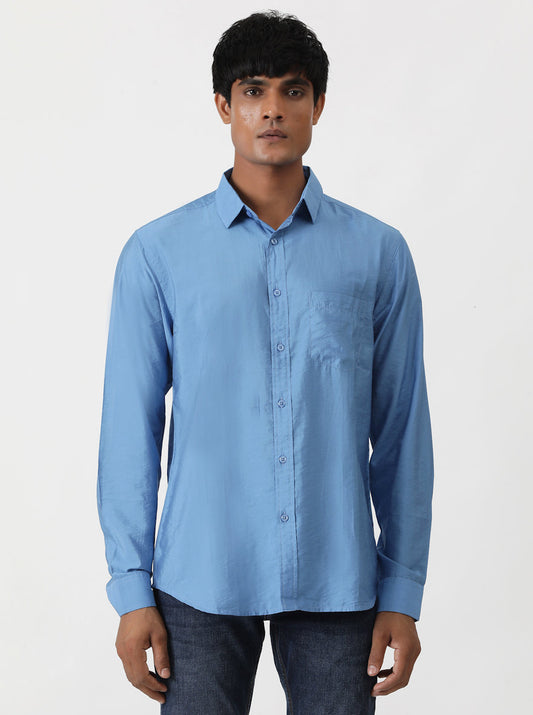 Blue Solid Slim Fit Casual Shirt | Greenfibre