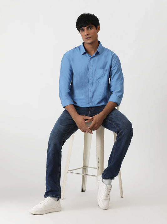 Blue Solid Slim Fit Casual Shirt | Greenfibre