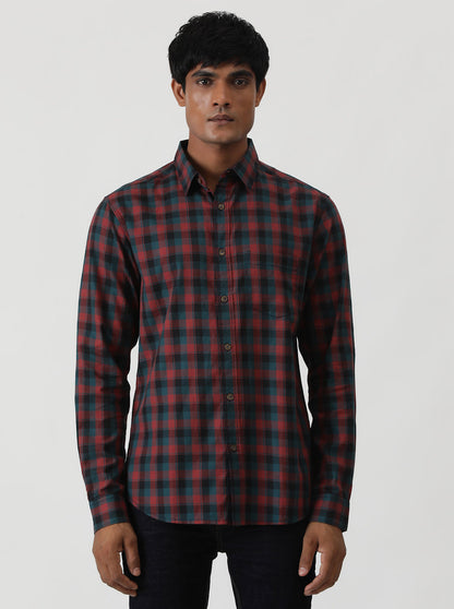 Red Checked Slim Fit Casual Shirt | Greenfibre