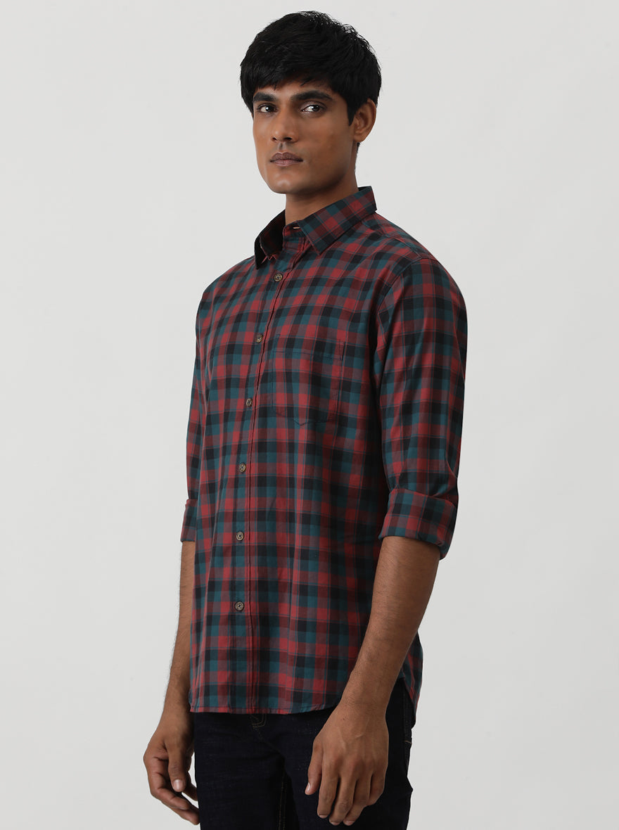 Red Checked Slim Fit Casual Shirt | Greenfibre