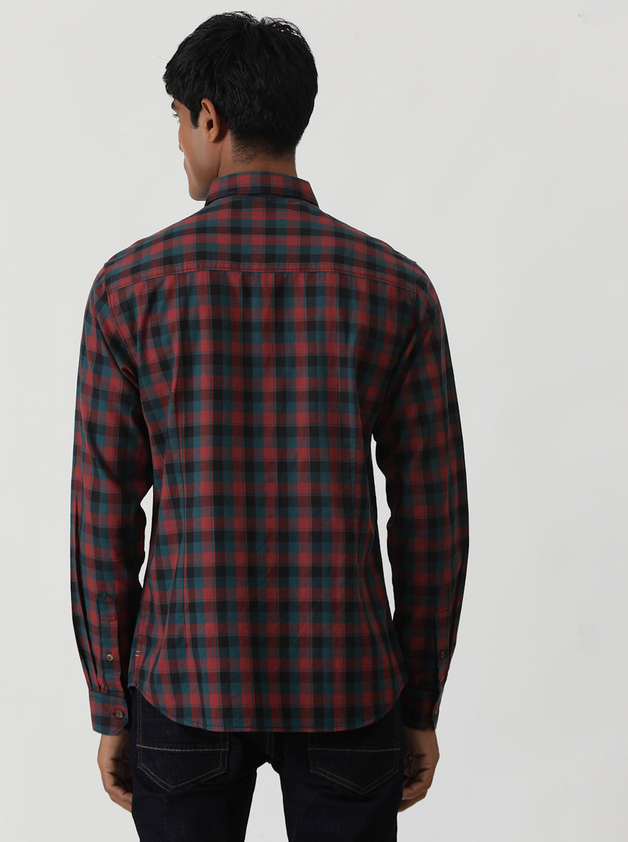 Red Checked Slim Fit Casual Shirt | Greenfibre