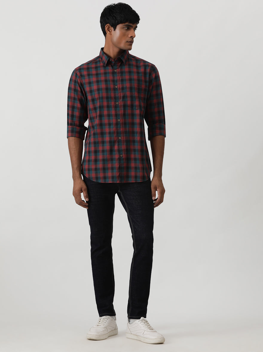 Red Checked Slim Fit Casual Shirt | Greenfibre