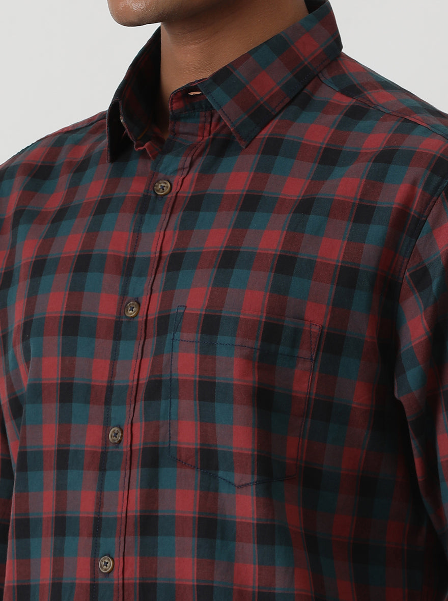 Red Checked Slim Fit Casual Shirt | Greenfibre