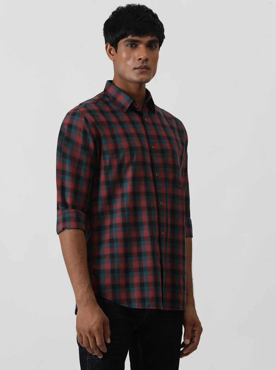 Red Checked Slim Fit Casual Shirt | Greenfibre